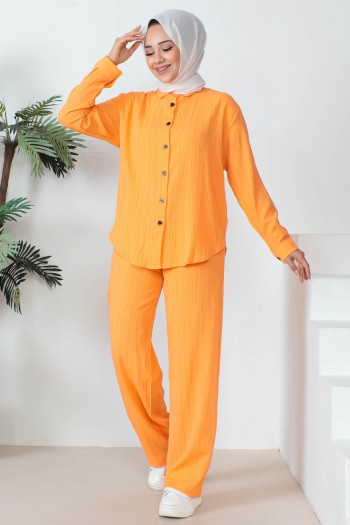 Orange Detaylı Keten Gömlek Pantolon Takım