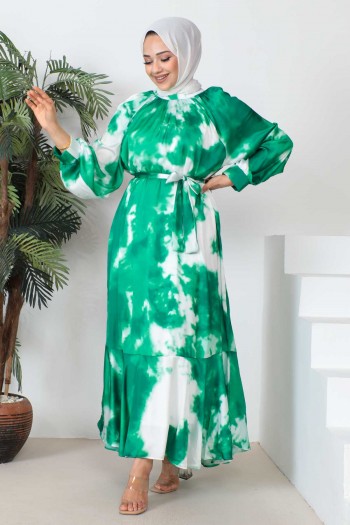 Yeşil Dijital Baskılı Astarlı Elbise