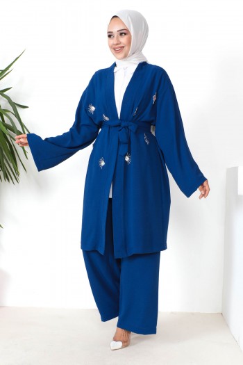 Saks Mavi Taşlı Kimono Pantolon Takım
