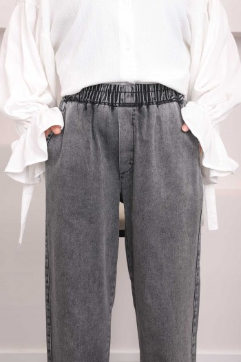 Antrasit Bel Lastikli Yan Cepli Mom Jeans Pantolon