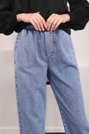 Mavi Bel Lastikli Yan Cepli Mom Jeans Pantolon