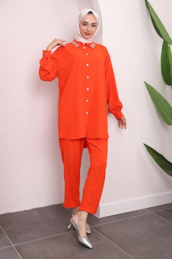 Orange Yakası İşlemeli Tunik Pantolon Takım