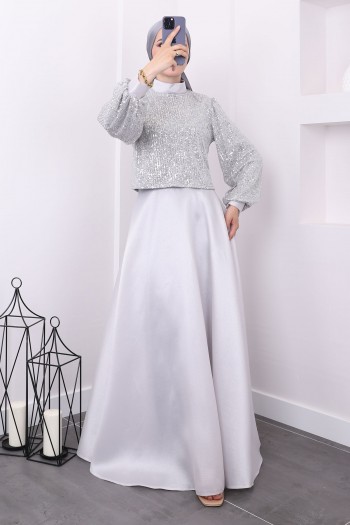 Gümüş Taşlı Ceketli İkili Abaya Takım