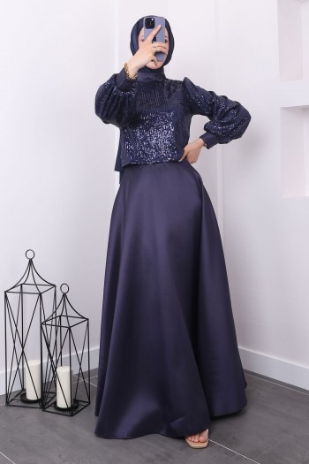 Lacivert Taşlı Ceketli İkili Abaya Takım