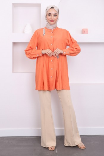 Orange Taşlı Pilise Detaylı Tunik