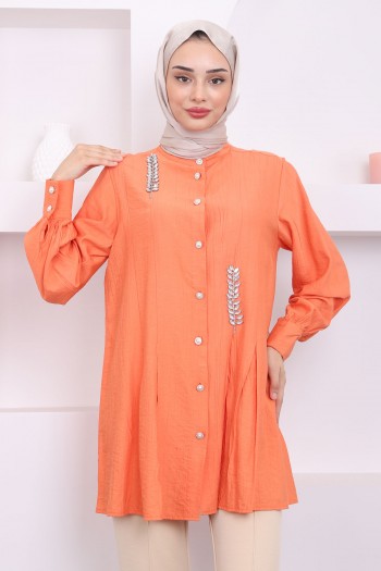 Orange Taşlı Pilise Detaylı Tunik