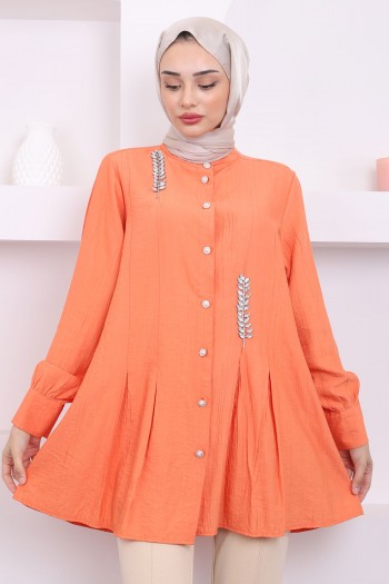 Orange Taşlı Pilise Detaylı Tunik