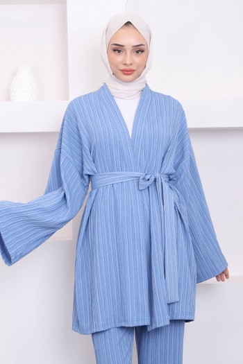 İndigo Bel Kuşaklı Pantolon Kimono Takım