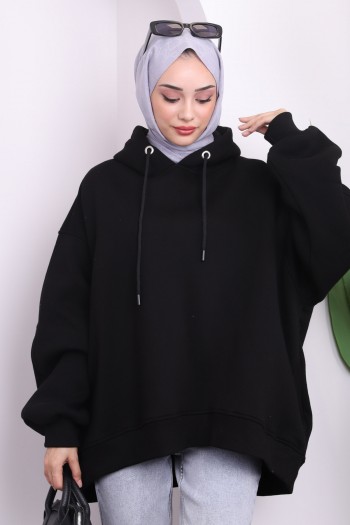 Siyah Kapüşonlu Oversize Sweat Tshirt